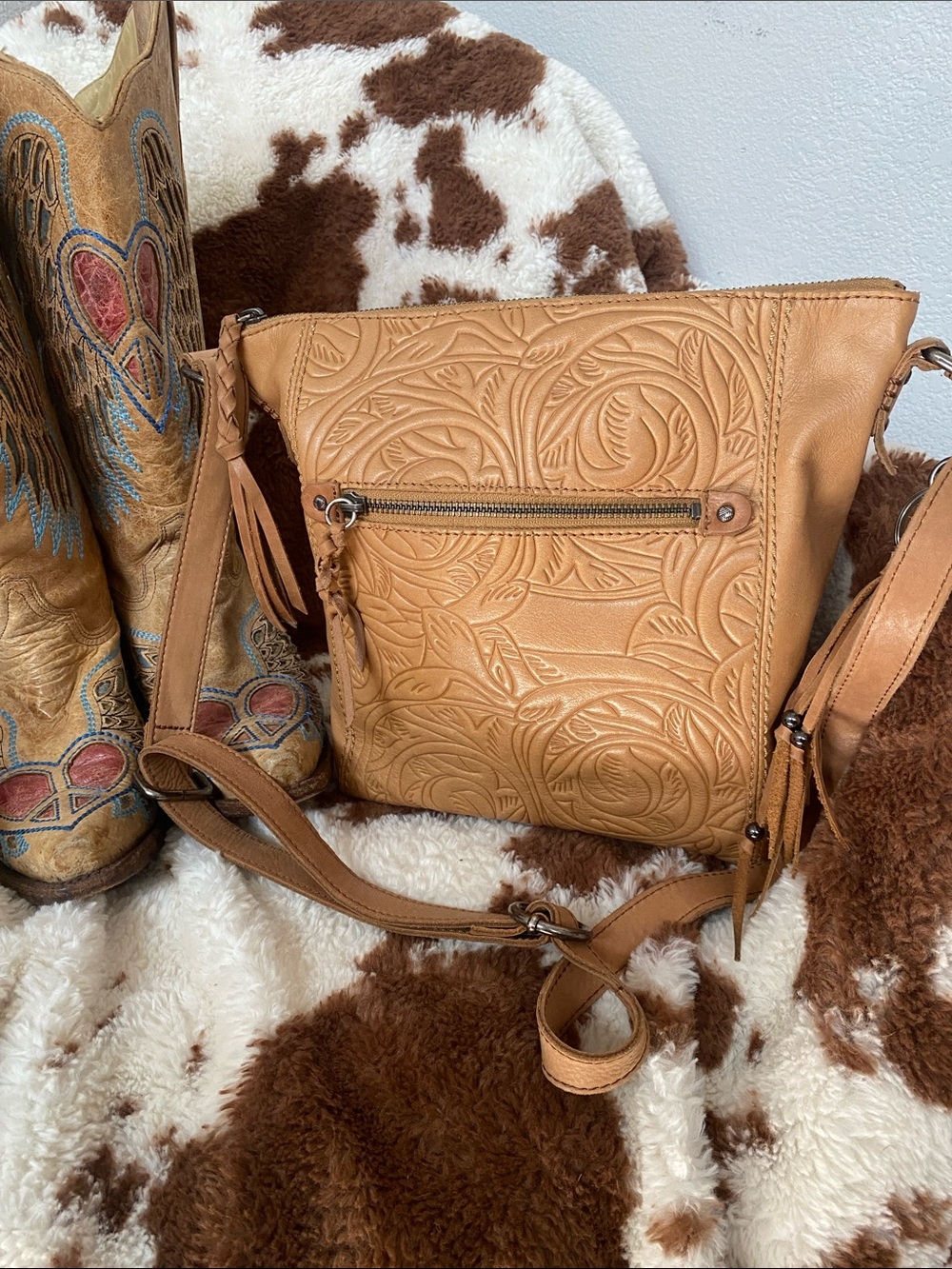 The Sak Tan Embossed Leather Crossbody with Tassel Detail